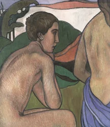 Sitzender männlicher Akt in einer Landschaft